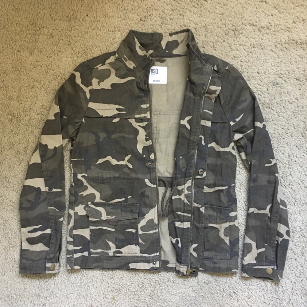 RSQ Size L Army Camouflage Anorak Jacket Front Zip Buttons Pockets Girls